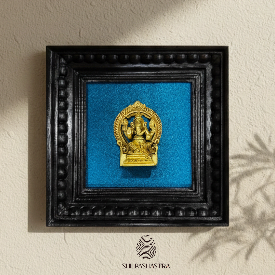 Brass Ganesha Idol in Premium Teakwood Frame Wall Decor for Home & Pooja Room (Size 6 In x 6 In)