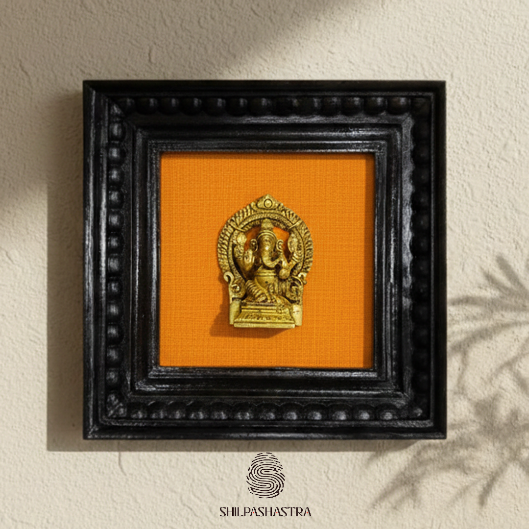 Brass Ganesha Idol in Premium Teakwood Frame Wall Decor for Home & Pooja Room (Size 6 In x 6 In)