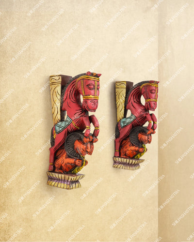 Medium Hand Carved Wooden Horse & Yazhi Wall Brackets in Red for Doorway & Home Decor
