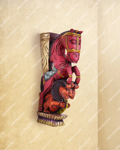 Medium Hand Carved Wooden Horse & Yazhi Wall Brackets in Red for Doorway & Home Decor