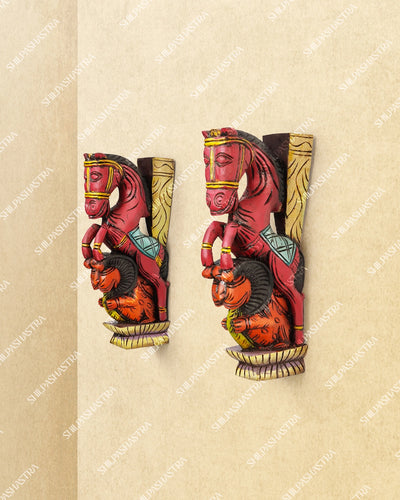 Medium Hand Carved Wooden Horse & Yazhi Wall Brackets in Red for Doorway & Home Decor