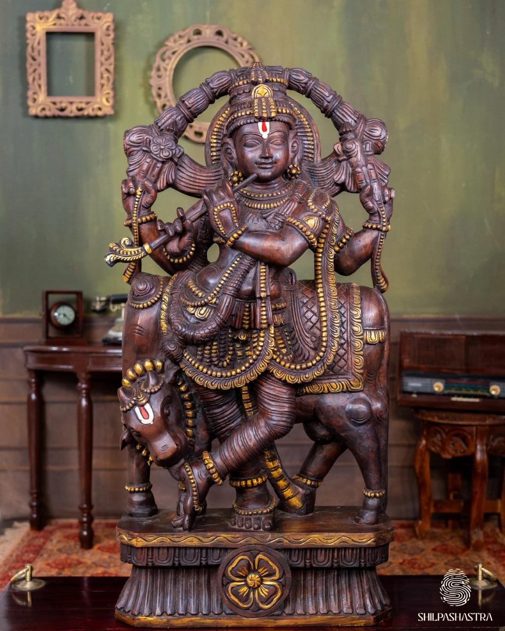 Handcrafted Wooden Krishna with Cow – Traditional South Indian Sculpture