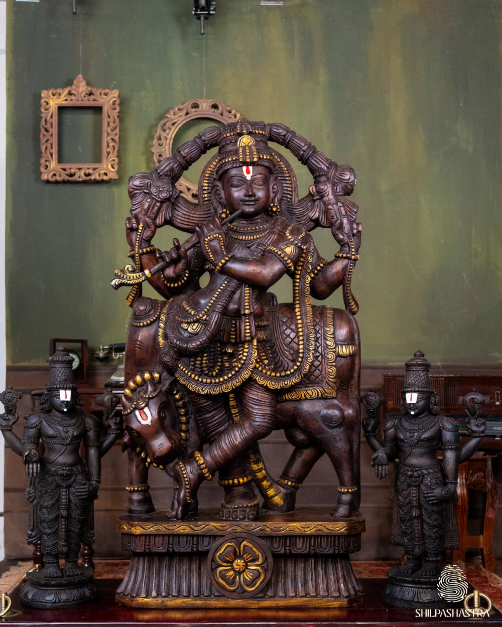 Handcrafted Wooden Krishna with Cow – Traditional South Indian Sculpture