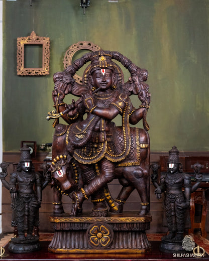 Handcrafted Wooden Krishna with Cow – Traditional South Indian Sculpture