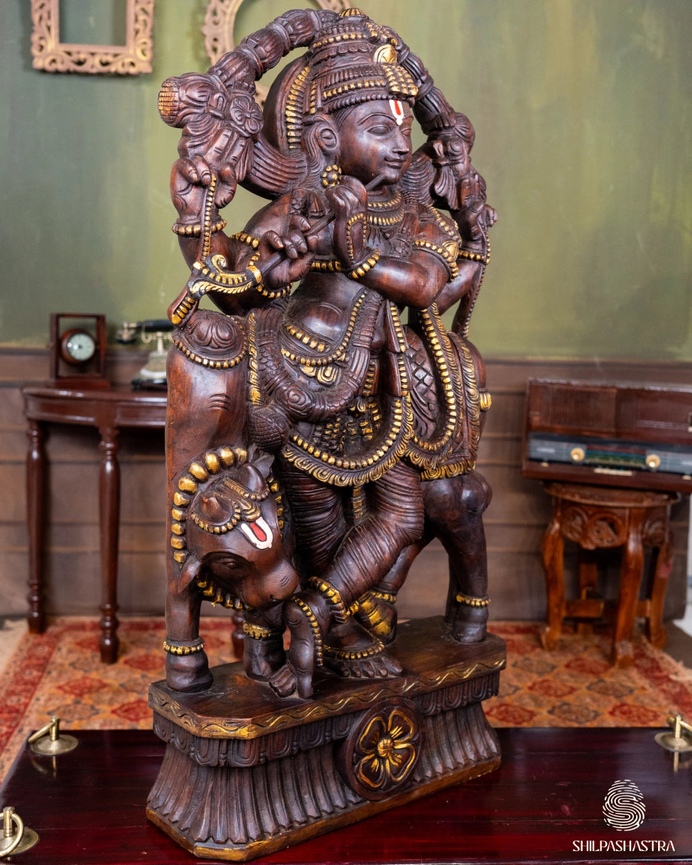 Handcrafted Wooden Krishna with Cow – Traditional South Indian Sculpture
