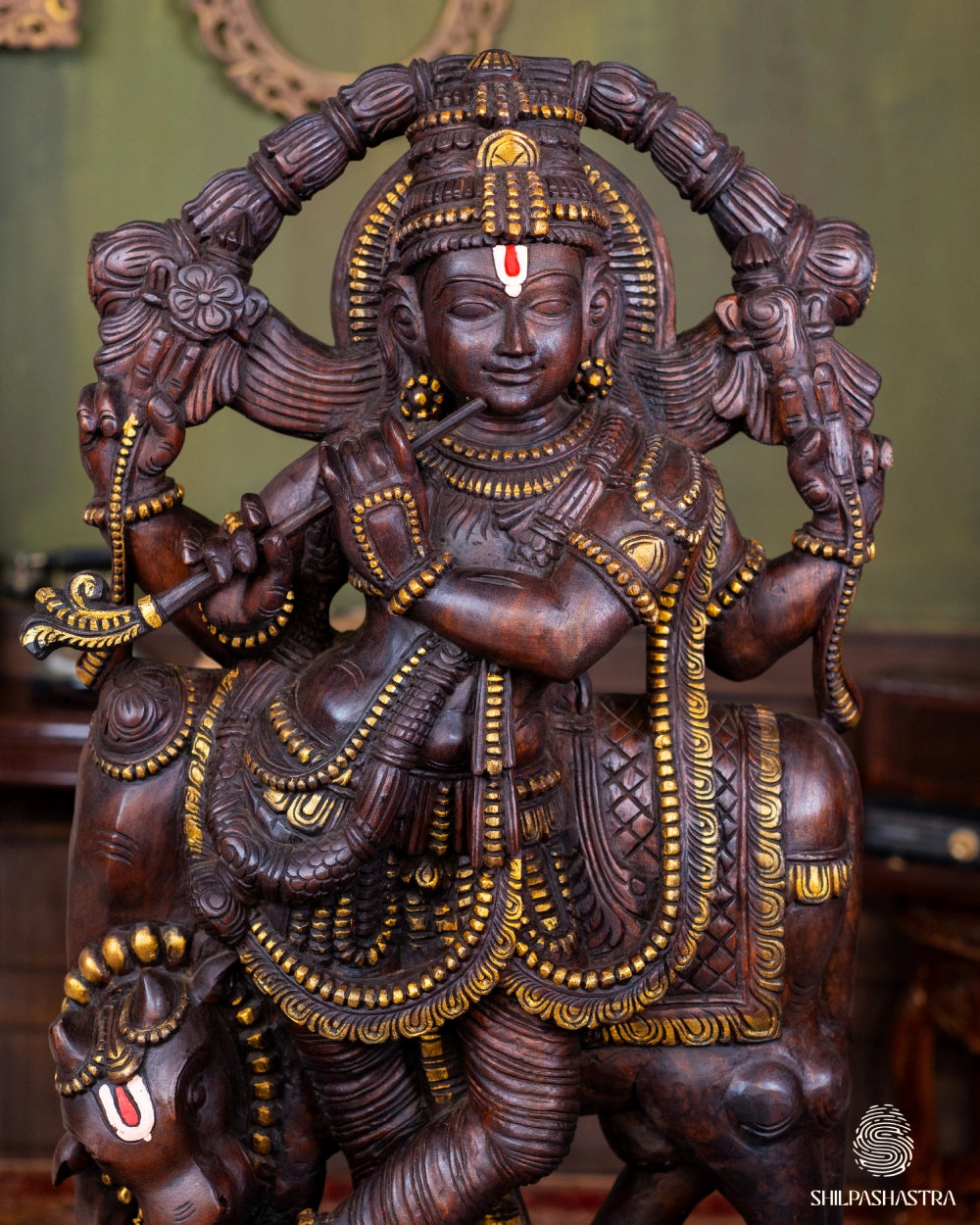 Handcrafted Wooden Krishna with Cow – Traditional South Indian Sculpture