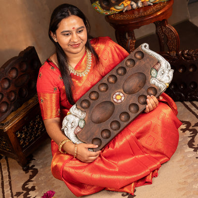 Hand Carved Mahogany Pallanguli Board with Elephant Motif – Traditional Mancala Game