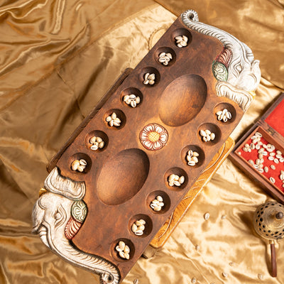 Hand Carved Mahogany Pallanguli Board with Elephant Motif – Traditional Mancala Game