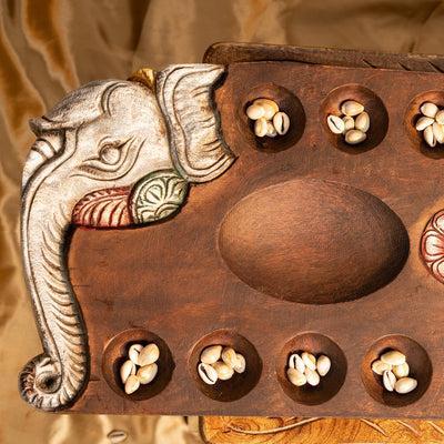 Hand Carved Mahogany Pallanguli Board with Elephant Motif – Traditional Mancala Game