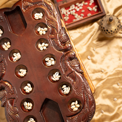 Hand Carved Mahogany Pallanguli Board with Peacock Motif – Melamine Finish Traditional Game