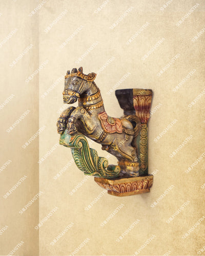 Medium Hand Carved Vaagai Wood Horse Wall Brackets in Temple Style for Doorway & Home Decor