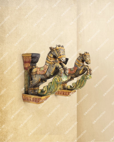 Medium Hand Carved Vaagai Wood Horse Wall Brackets in Temple Style for Doorway & Home Decor