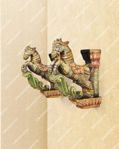 Medium Hand Carved Vaagai Wood Horse Wall Brackets in Temple Style for Doorway & Home Decor