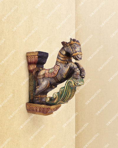 Medium Hand Carved Vaagai Wood Horse Wall Brackets in Temple Style for Doorway & Home Decor