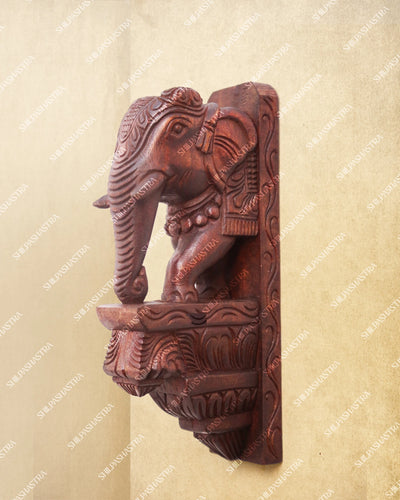 Medium Hand Carved Wooden Elephant Wall Brackets in Teak Wood for Doorway & Home Decor