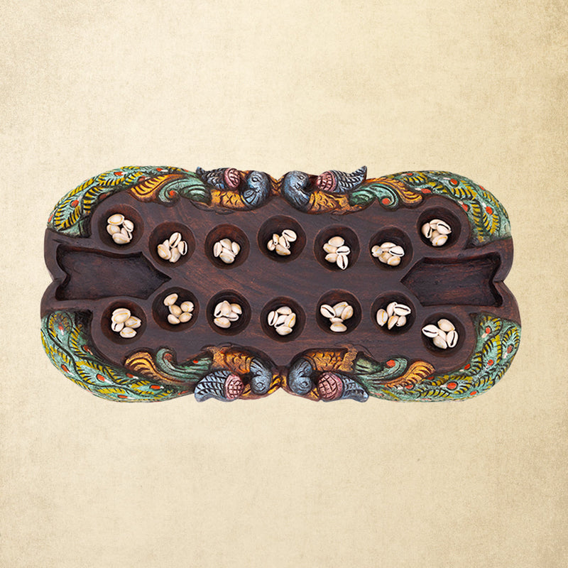 Hand Carved Mahogany Pallanguli Board with Peacock Motif – Traditional Mancala Game