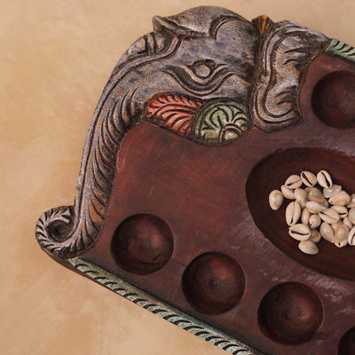 Hand Carved Mahogany Pallanguli Board with Elephant Motif & Floral Border – Traditional Mancala Game