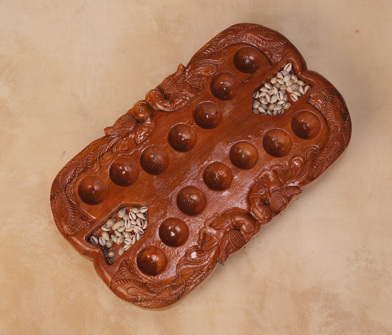 Hand Carved Teakwood Pallanguli Board with Peacock Motif – Traditional Mancala Game