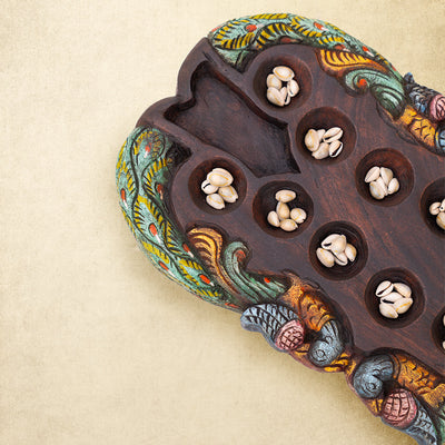 Hand Carved Mahogany Pallanguli Board with Peacock Motif – Traditional Mancala Game