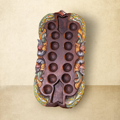 Hand Carved Mahogany Pallanguli Board with Peacock Motif – Traditional Mancala Game