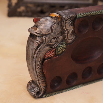 Hand Carved Mahogany Pallanguli Board with Elephant Motif & Floral Border – Traditional Mancala Game
