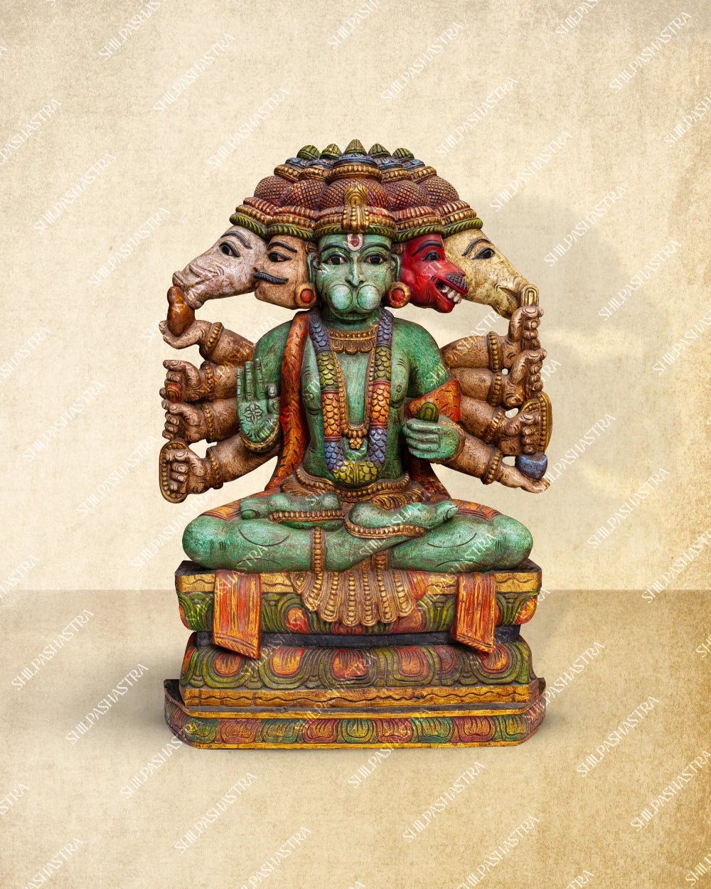 Panchamukha Hanuman Hand-Carved Wooden Idol