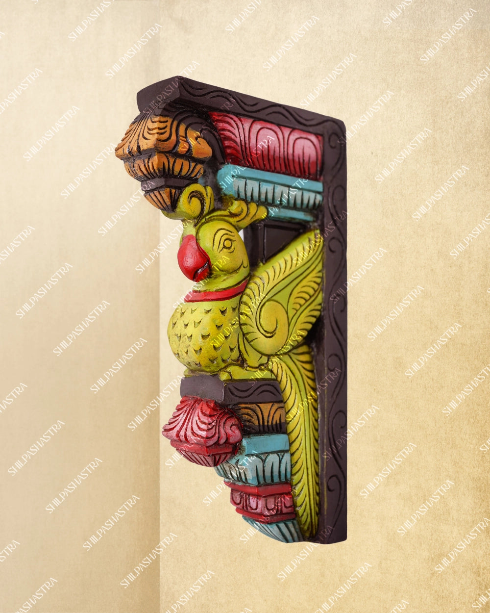 Parrot Motif Hand-Carved Wooden Ornamental Bracket – Medium