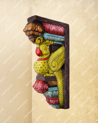 Medium Hand Carved Wooden Colored Parrot Motif Wall Bracket for Doorway & Home Decor