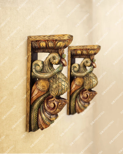 Large Hand Carved Colored Wooden Parrot Wall Brackets for Doorway & Home Decor