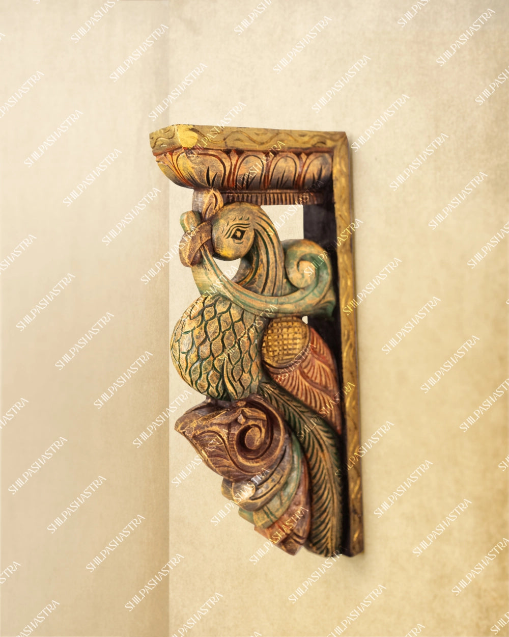Parrot Motif Hand-Carved Wooden Ornamental Bracket – Medium