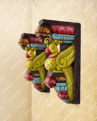 Medium Hand Carved Wooden Colored Parrot Motif Wall Bracket for Doorway & Home Decor