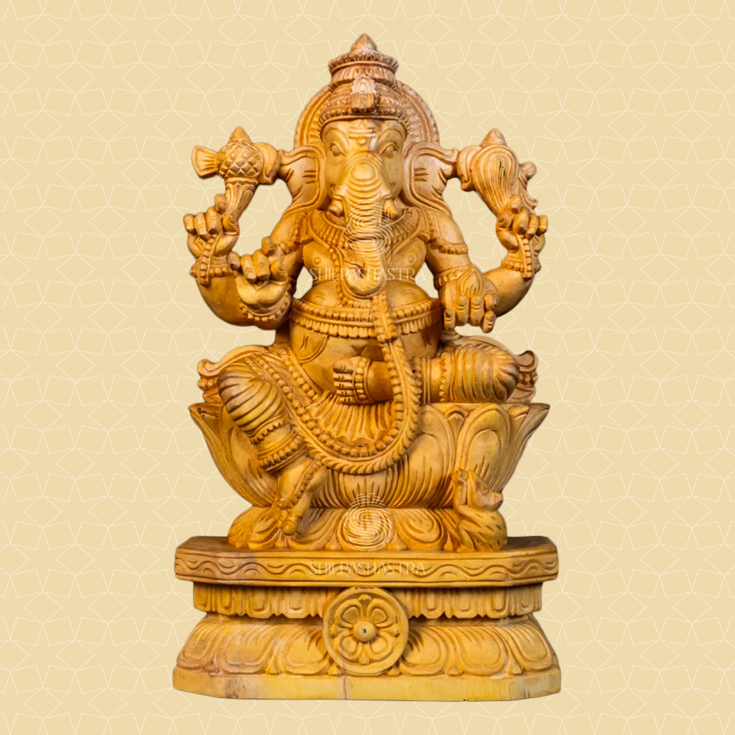 Hand-Carved Wooden Idol of Seated Ganesha on Lotus – Natural Finish