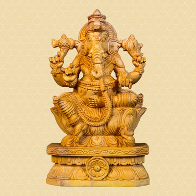 Hand-Carved Wooden Idol of Seated Ganesha on Lotus – Natural Finish