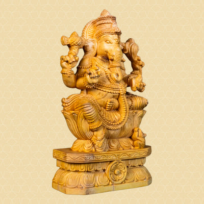 Hand-Carved Wooden Idol of Seated Ganesha on Lotus – Natural Finish
