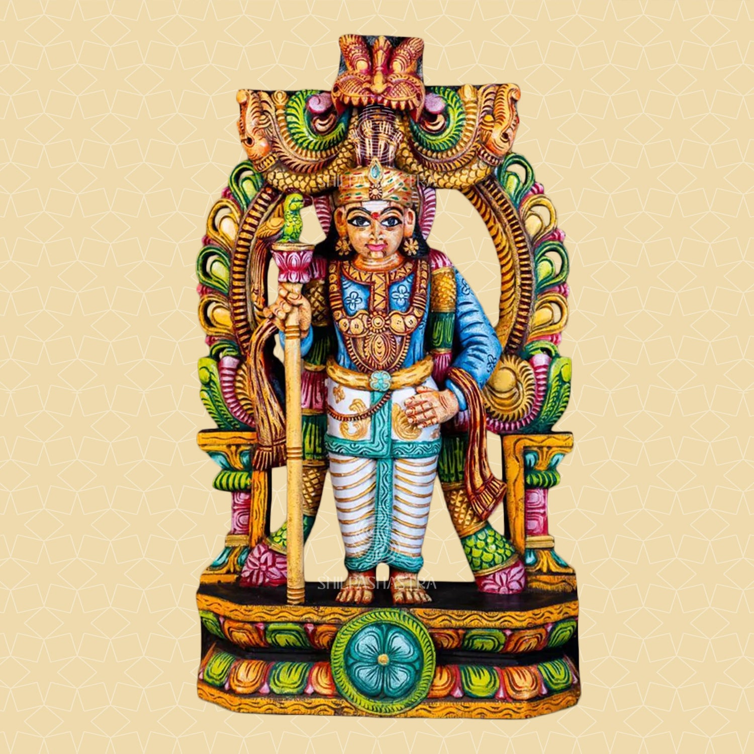 Hand-Carved Wooden Idol Murugan in Raja Alankaram – Sugarcane & Parrot