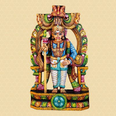 Hand-Carved Wooden Idol Murugan in Raja Alankaram – Sugarcane & Parrot