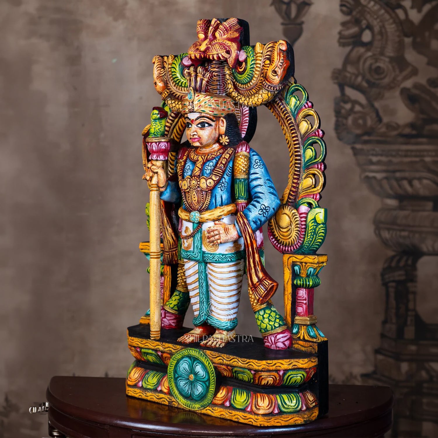 Hand-Carved Wooden Idol Murugan in Raja Alankaram – Sugarcane & Parrot