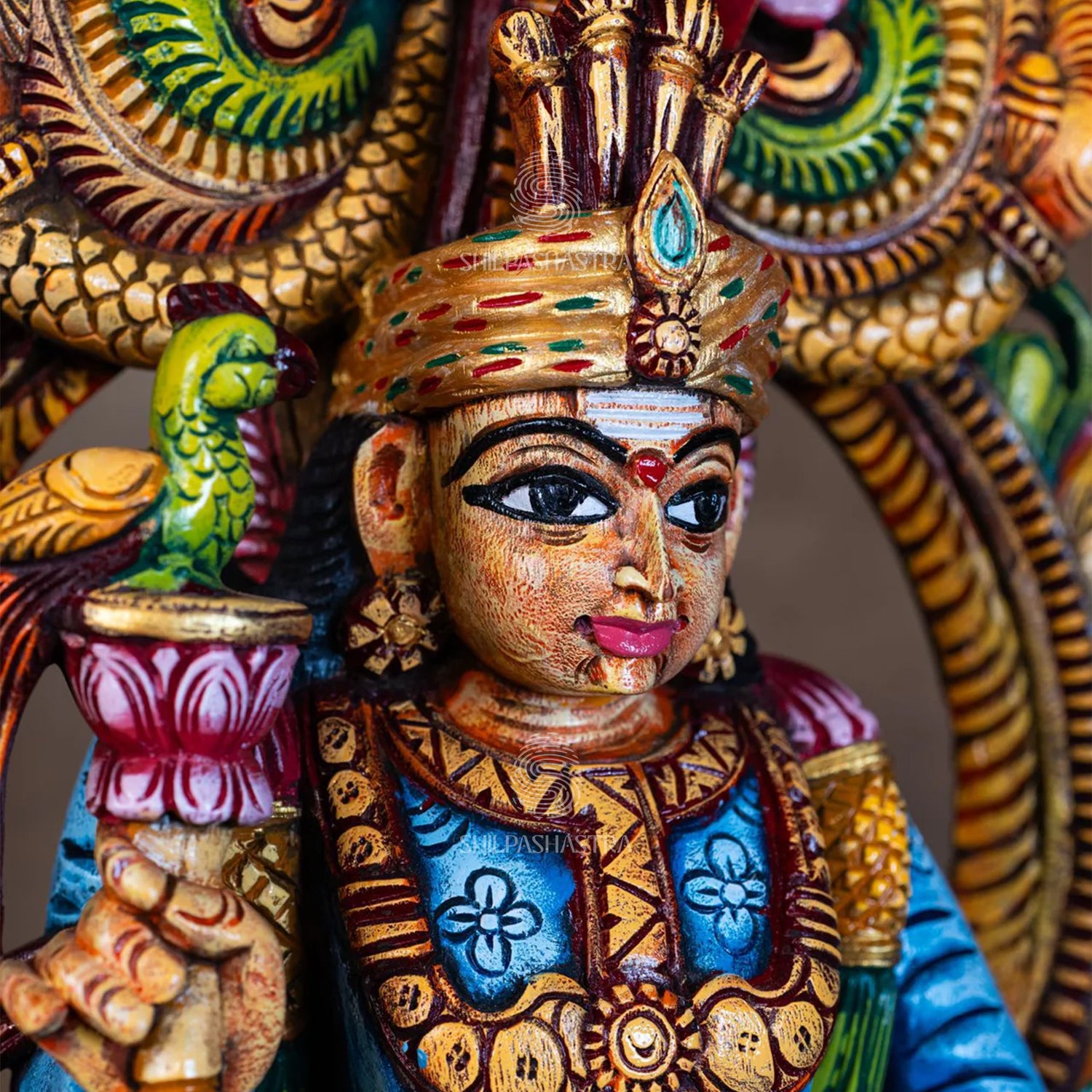 Hand-Carved Wooden Idol Murugan in Raja Alankaram – Sugarcane & Parrot