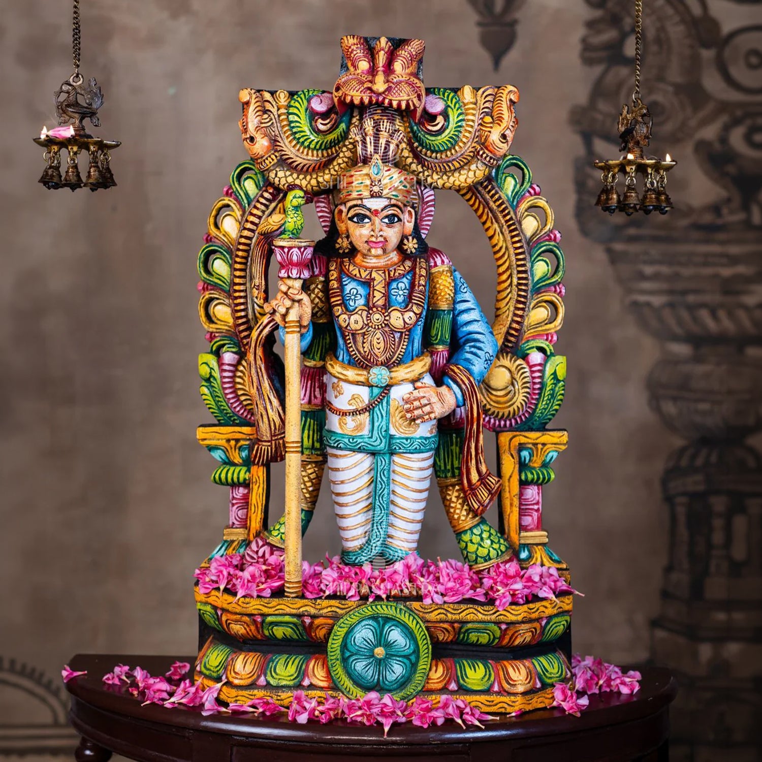 Hand-Carved Wooden Idol Murugan in Raja Alankaram – Sugarcane & Parrot