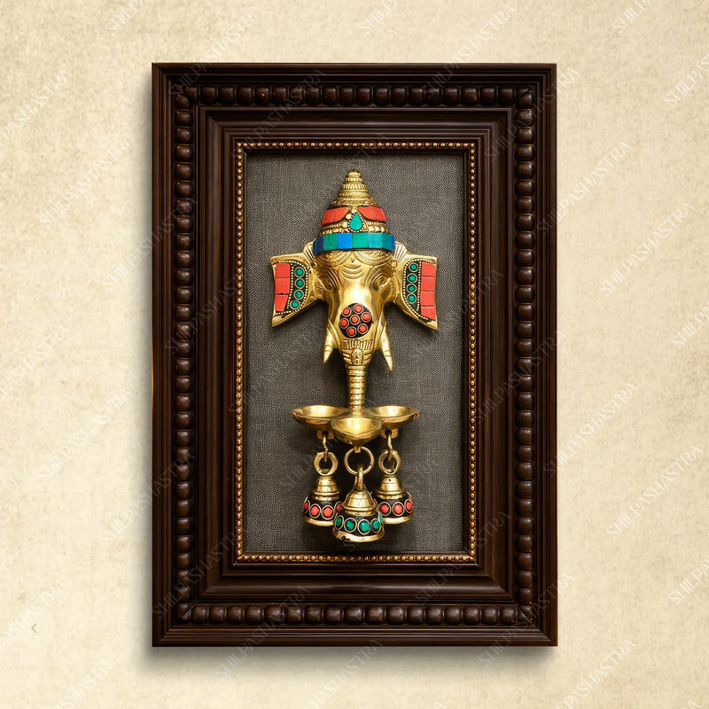 Gemstone Ganesha Brass Idol Frame – Manipuri Heritage Frame with Bell (12x8 Inch)