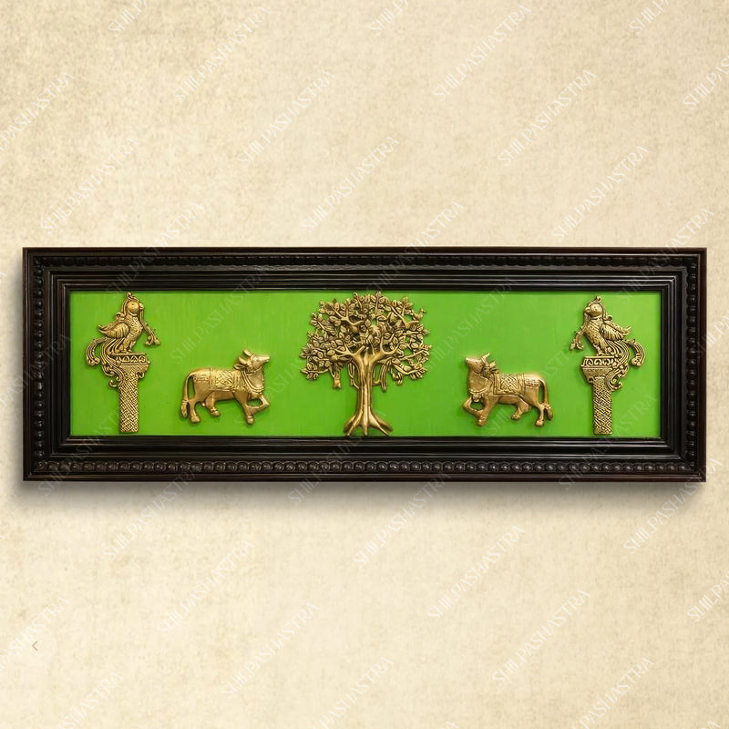 Kalpavriksham Brass Idol Frame with Kamadhenu & Annam – Manipuri Heritage Wall Frame (12 x 36 Inches)