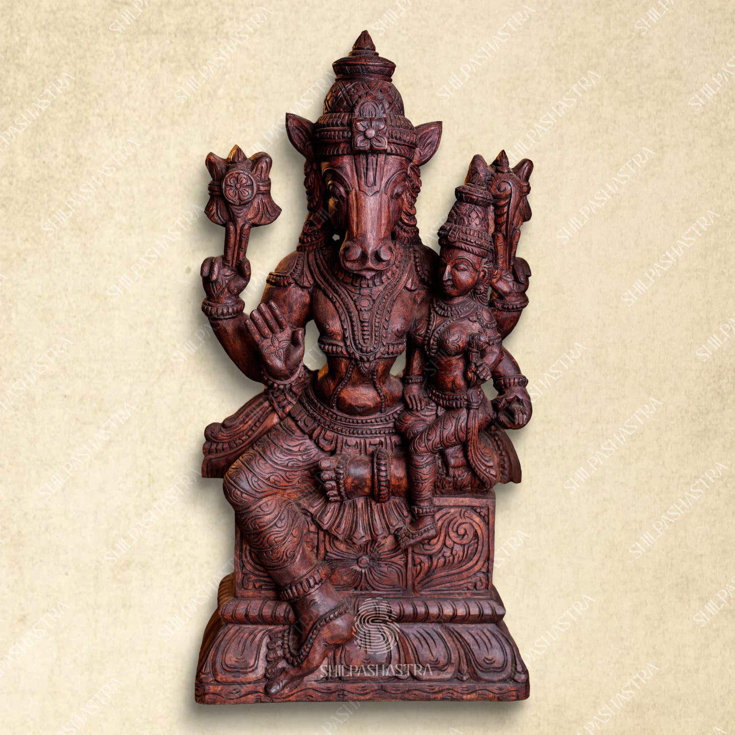 36 Inch Lakshmi Hayagriva Wooden Statue – Hand-Carved Rosewood Finish | Divine Vastu Idol