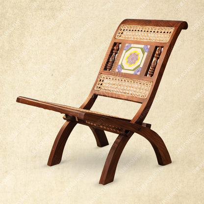 Premium Rosewood Folding Chair with Aathangudi Tile – Handcrafted Chettinad Heritage Wooden Chair