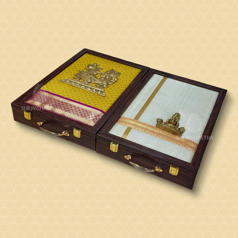 Yellow & Pink Brass Annam Saree & Perumal Veshti Box Combo