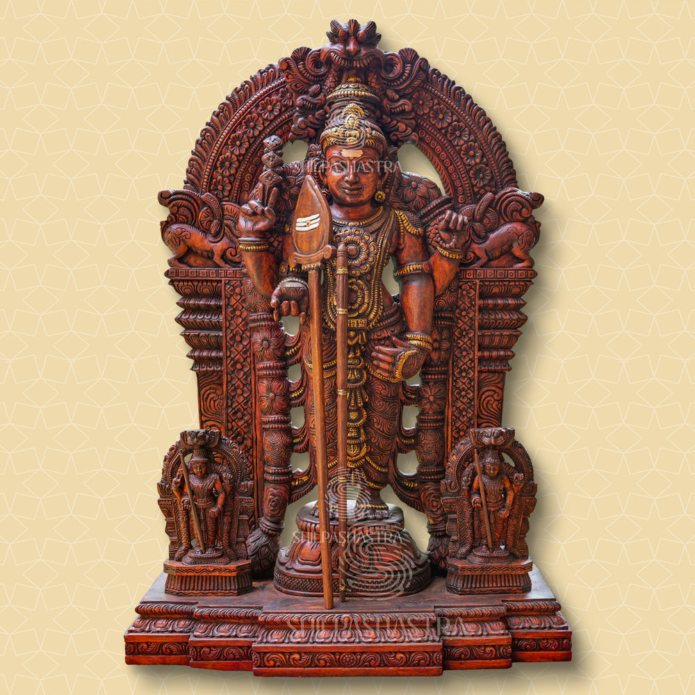 Maavalinga Murugar Wooden Idol – 34 Inch Hand-Carved Tiruchendur Murugan Sculpture