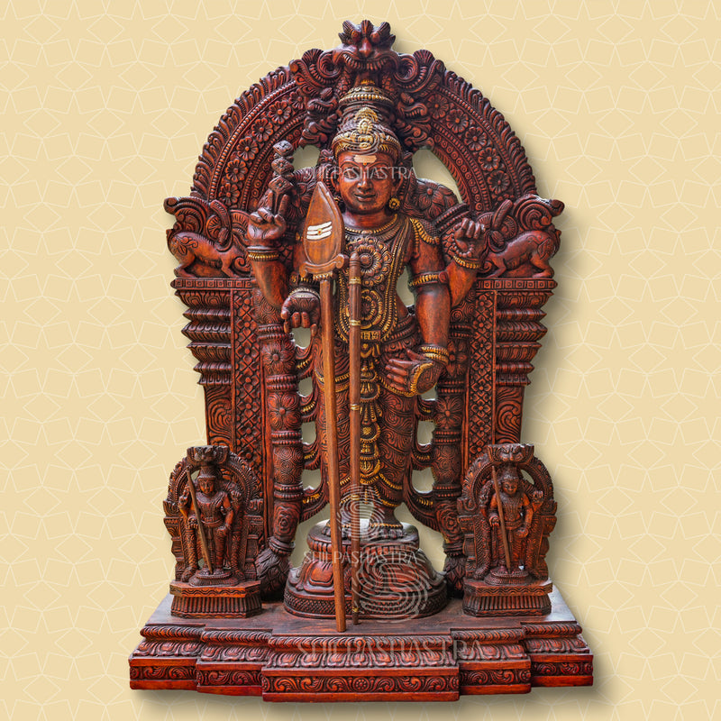 Maavalinga Murugar Wooden Idol – 34 Inch Hand-Carved Tiruchendur Murugan Sculpture