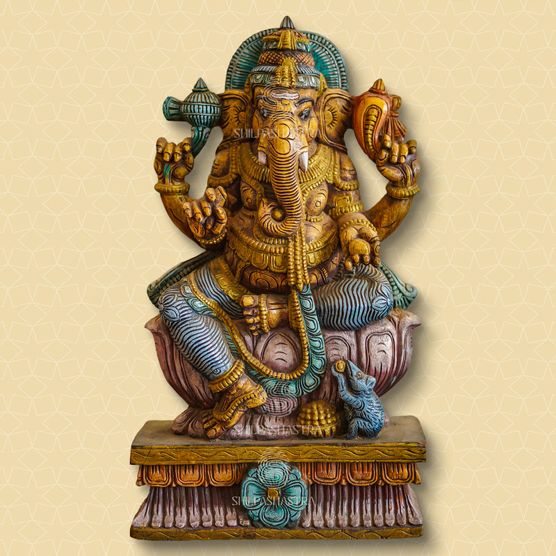 24 Inch Valampuri Ganesha Wood Carving – Hand-Carved Vaagai Wood Idol with Antique Finish