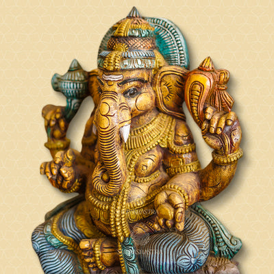 24 Inch Valampuri Ganesha Wood Carving – Hand-Carved Vaagai Wood Idol with Antique Finish