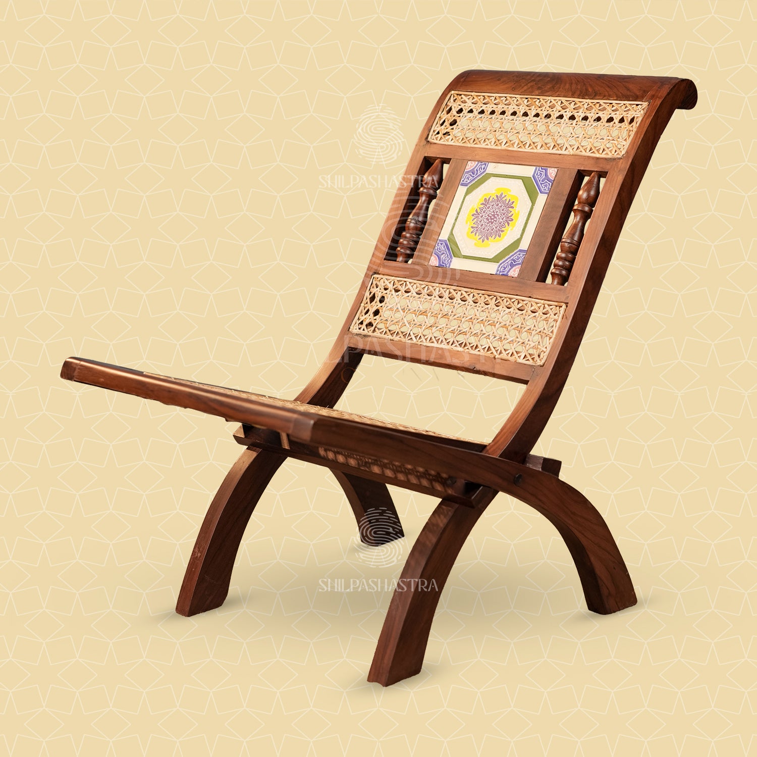 Premium Rosewood Folding Chair with Aathangudi Tile – Handcrafted Chettinad Heritage Wooden Chair