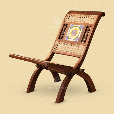 Premium Rosewood Folding Chair with Aathangudi Tile – Handcrafted Chettinad Heritage Wooden Chair